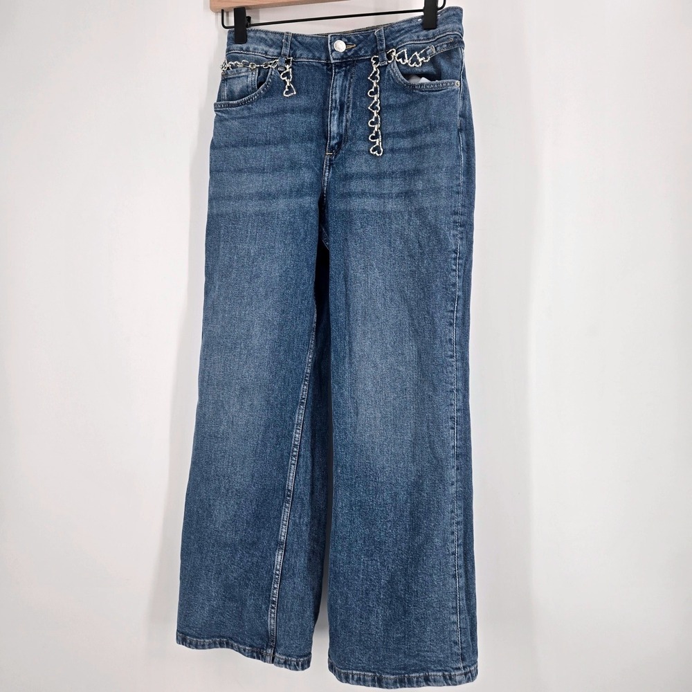 H&M Girls Baggy Low Waist Barrel Leg Jeans with Heart Chain Belt Size 14‎